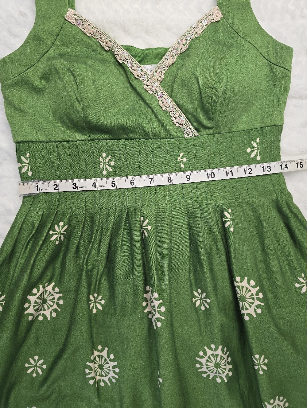 Dressbarn Fit Flare Dress Green Retro Print Sleeveless Beaded Sweetheart Neck 4 - Picture 11 of 12